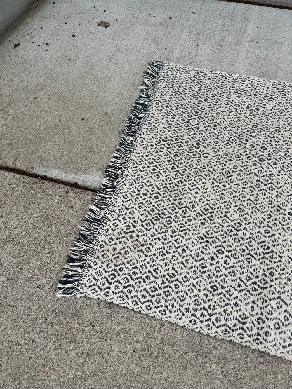 Modern Boho Blue & White Geometric Rug with Fringe